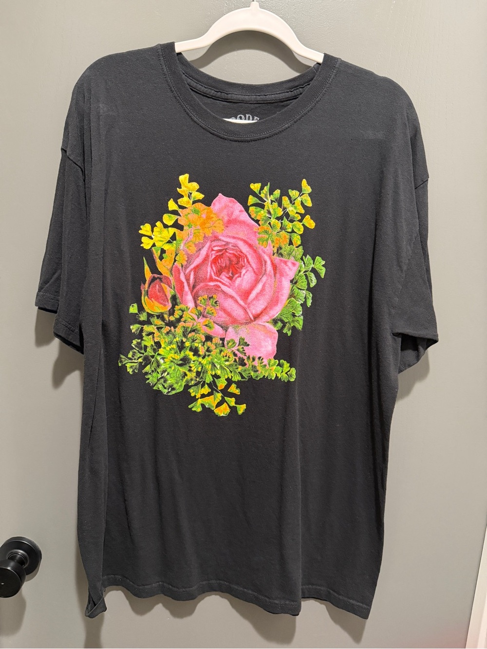 Black Short-Sleeve Tee with Pink Rose Graphic